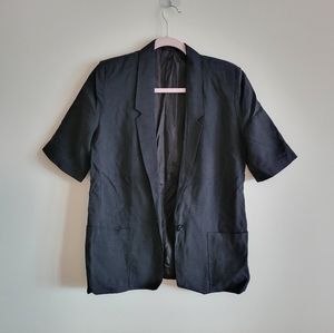 Vintage boxy oversized blazer black Size medium short sleeve lined silk blend